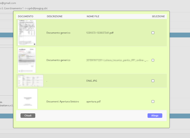 Selezione allegati per spedizione via email